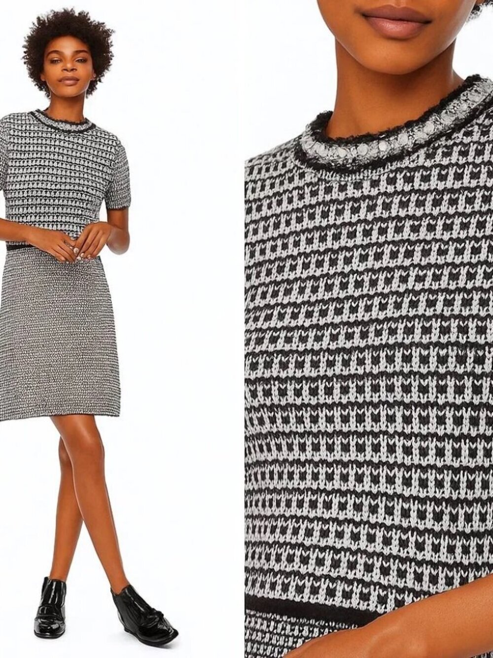 New Tory Burch Medium Embellished Fringe Tweed Dress Black White Silver